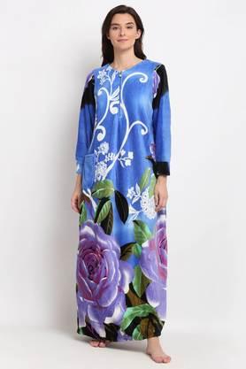 full sleeves regular fit fleece women's night gown - blue