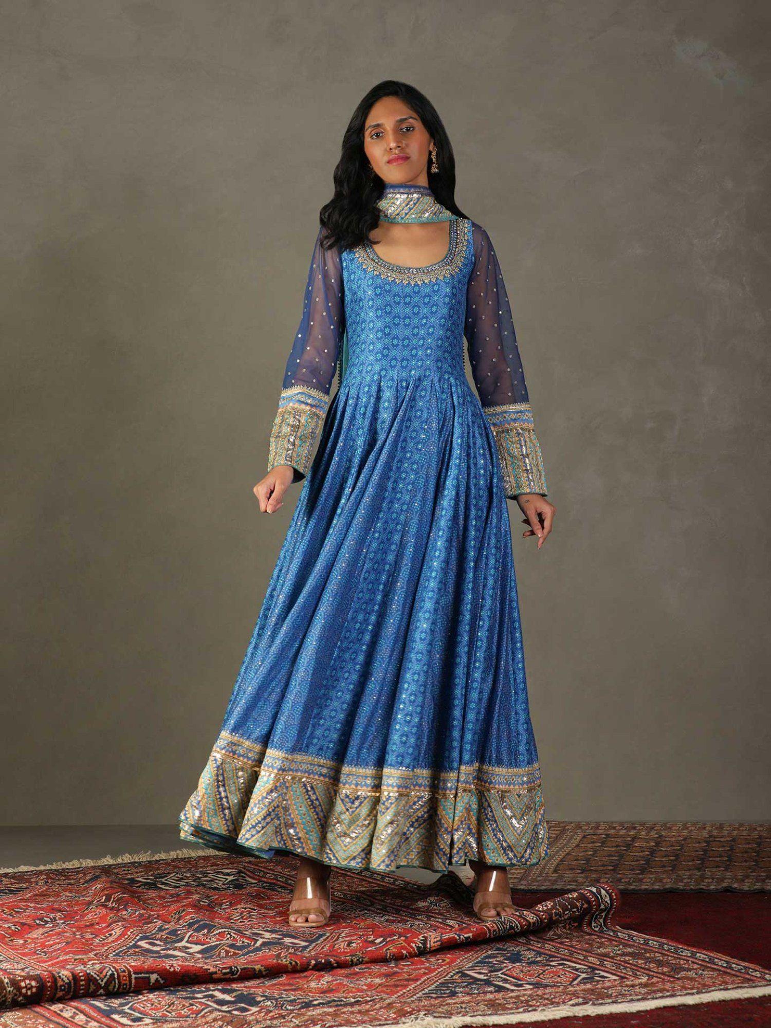 full sleeves round neck anarkali kurta with churidar and dupatta (set of 3) (m)