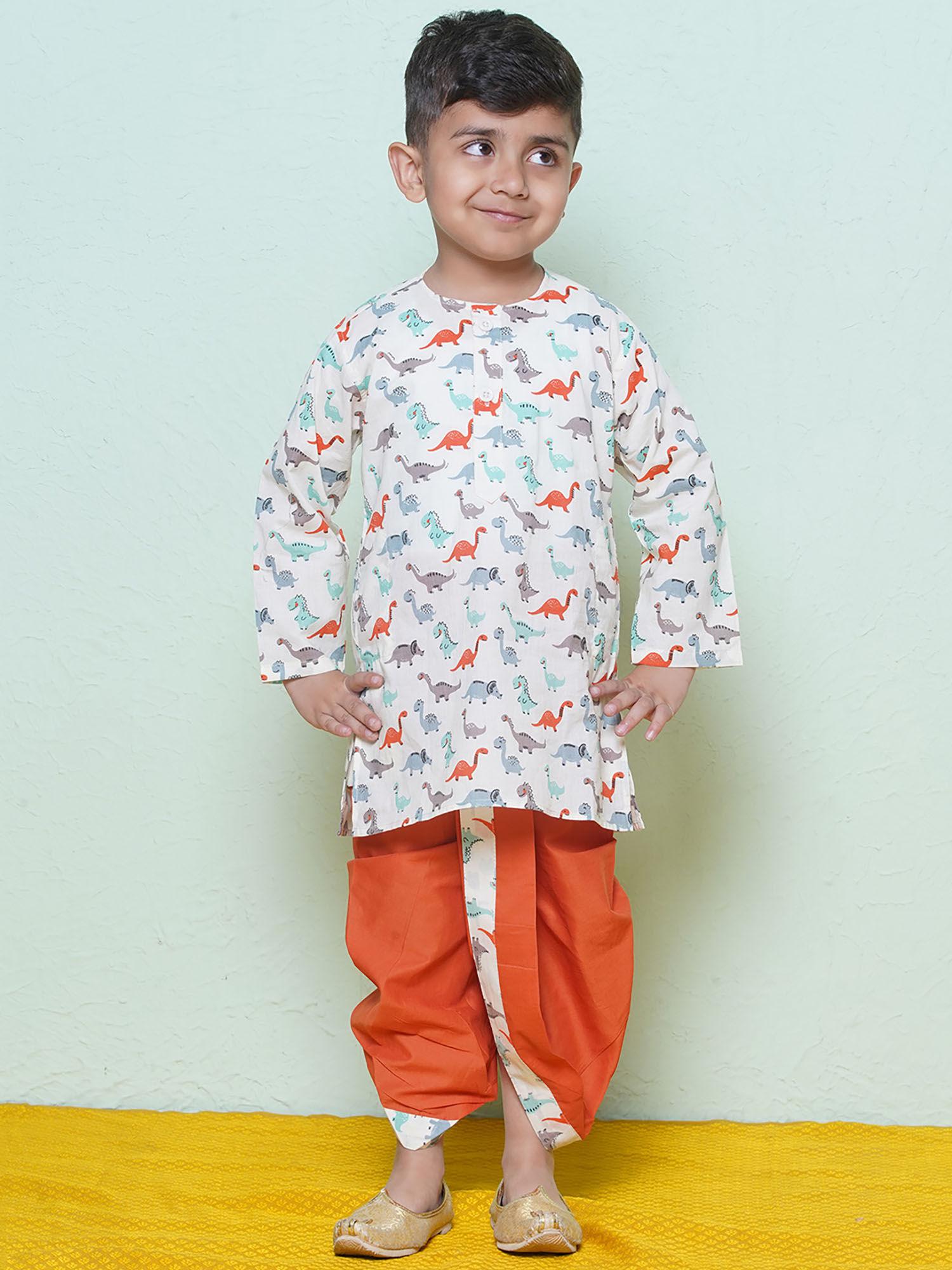 full sleeves rust animal print cotton dhoti with kurta for boys (set of 2)