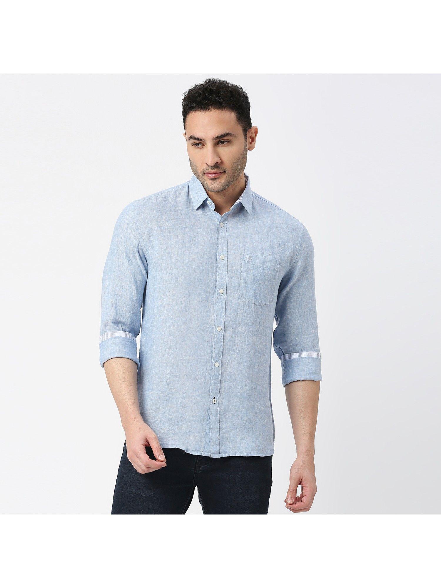 full sleeves sky blue pure linen shirt with pocket