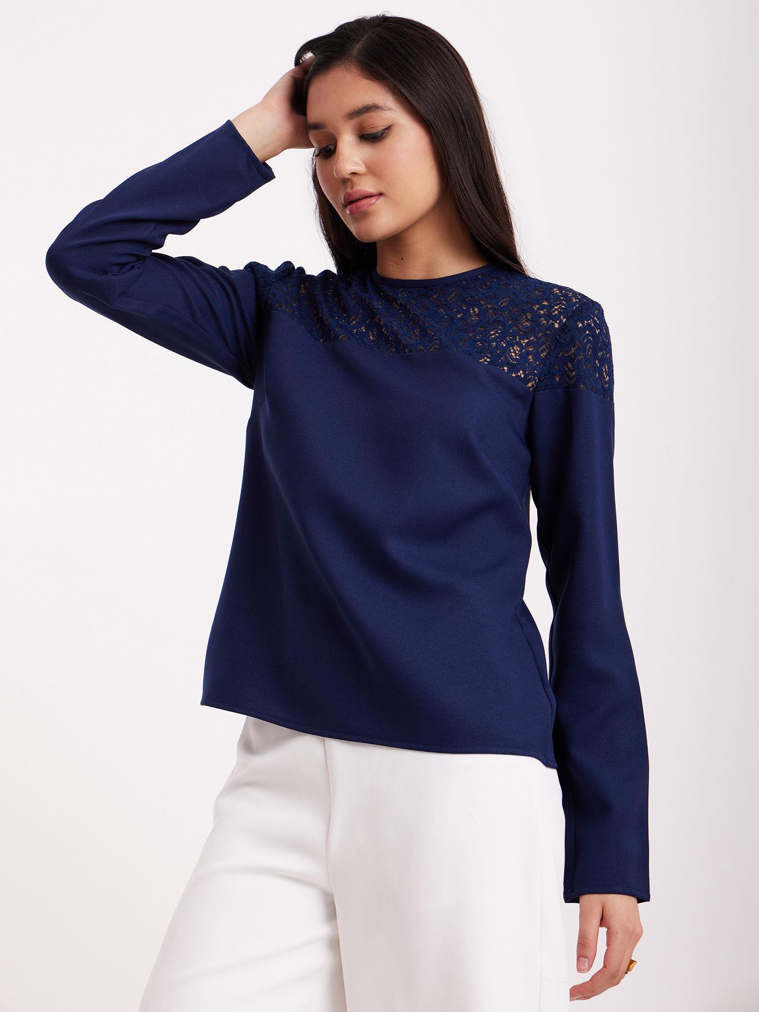 full sleeves solid lace pattern navy blue top