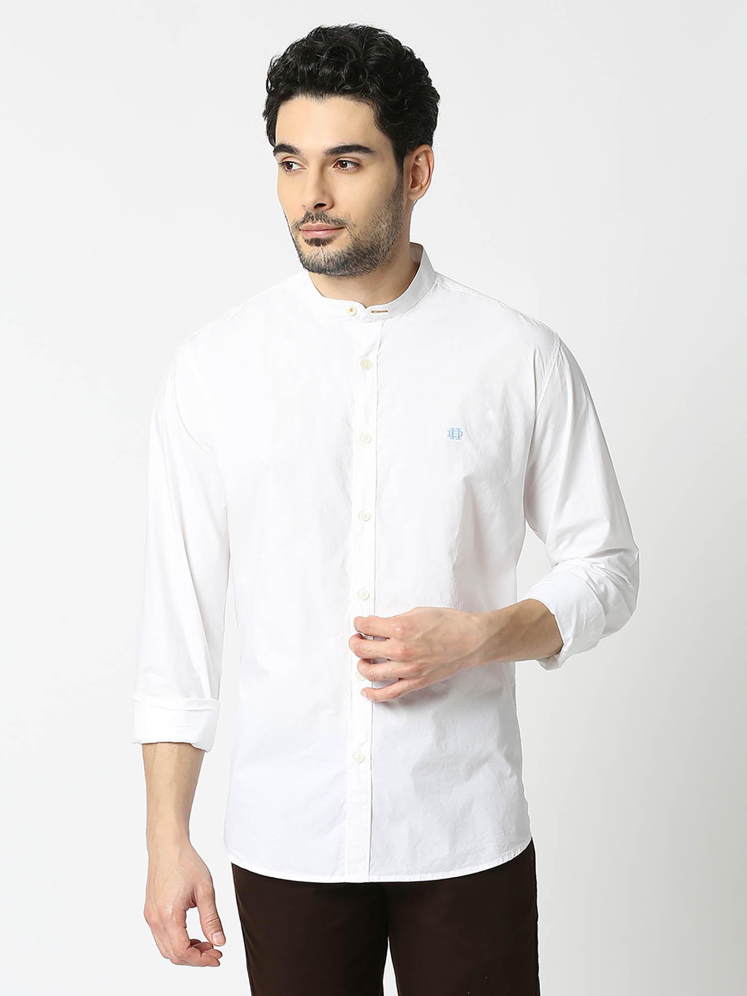full sleeves white poplin plain shirt with stand collar