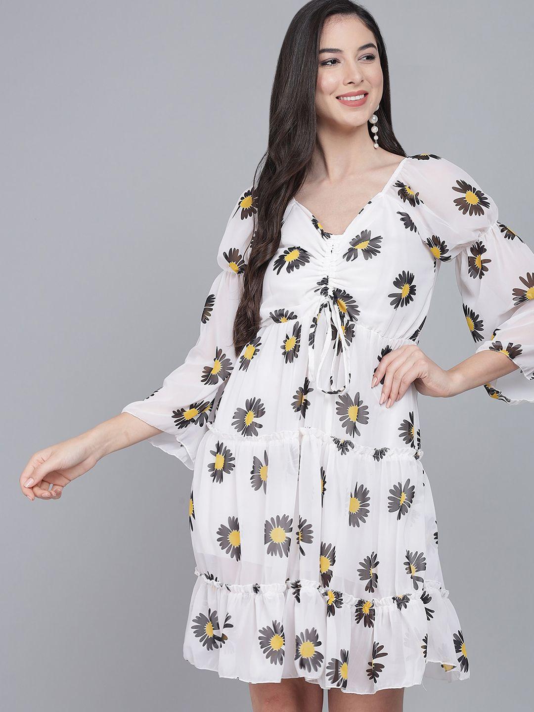 funday fashion black floral print bell sleeve georgette a-line dress