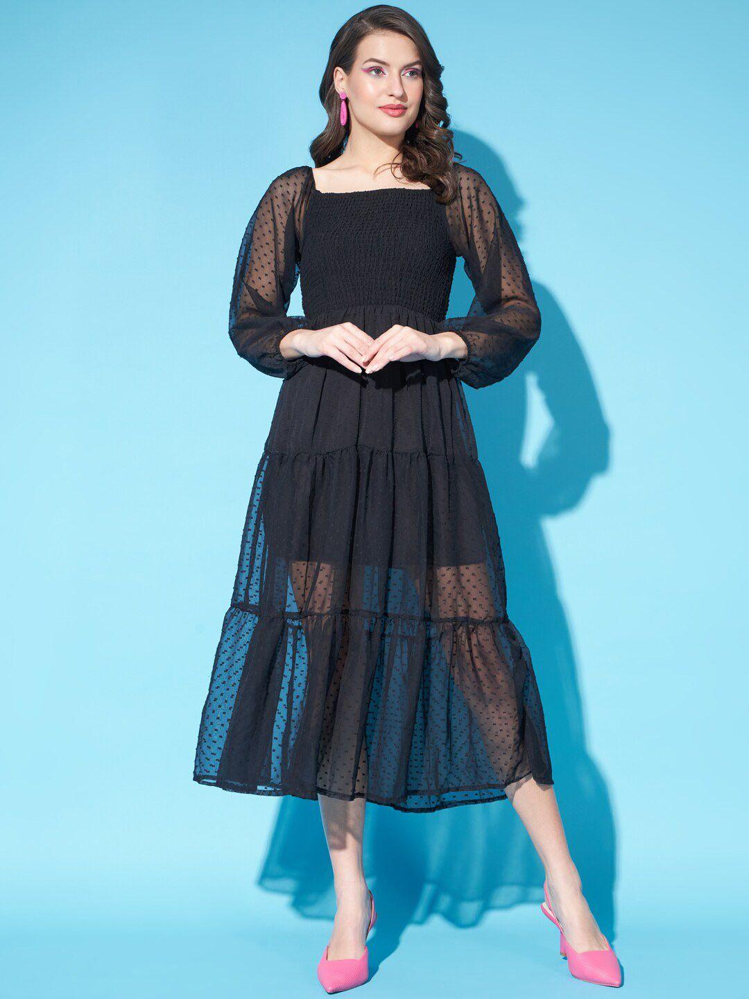 funday fashion black puff sleeve georgette empire midi dress