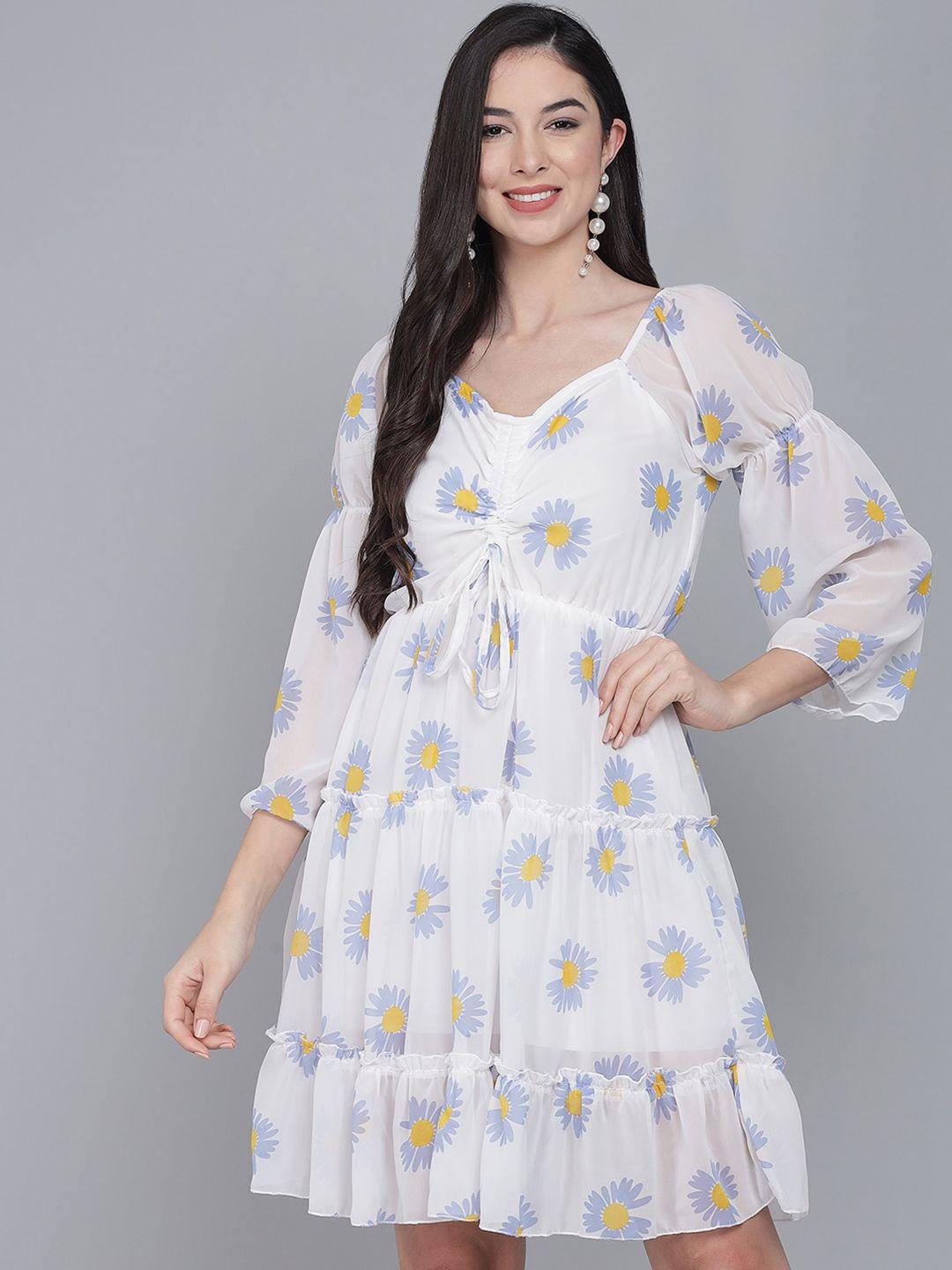 funday fashion blue floral print bell sleeve georgette fit & flare dress