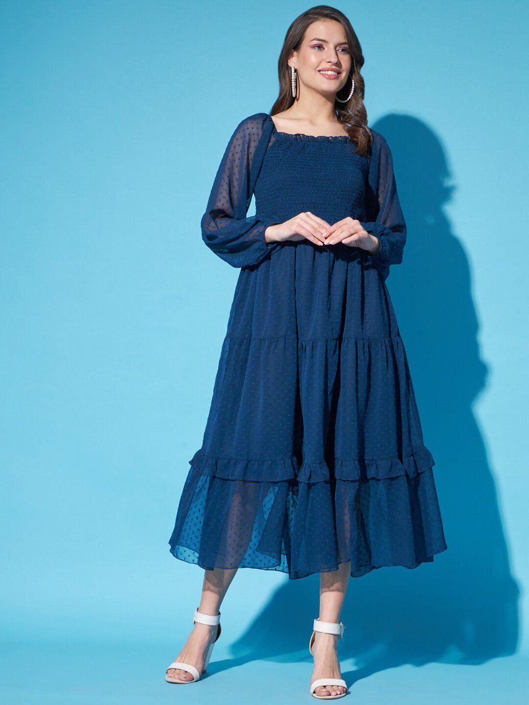 funday fashion blue puff sleeve georgette fit & flare midi dress