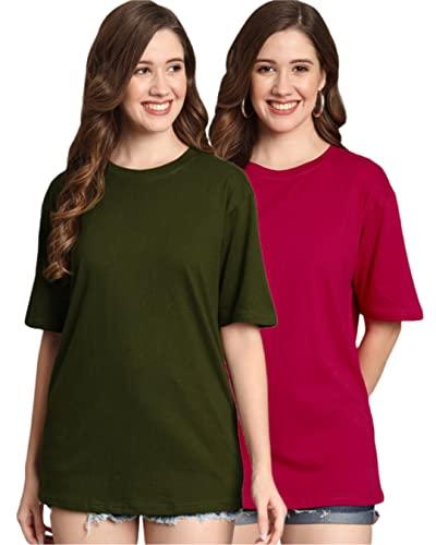 funday fashion cotton short sleeve oversized t-shirt for women (pack of 2) (xx-large, army green & rani pink)