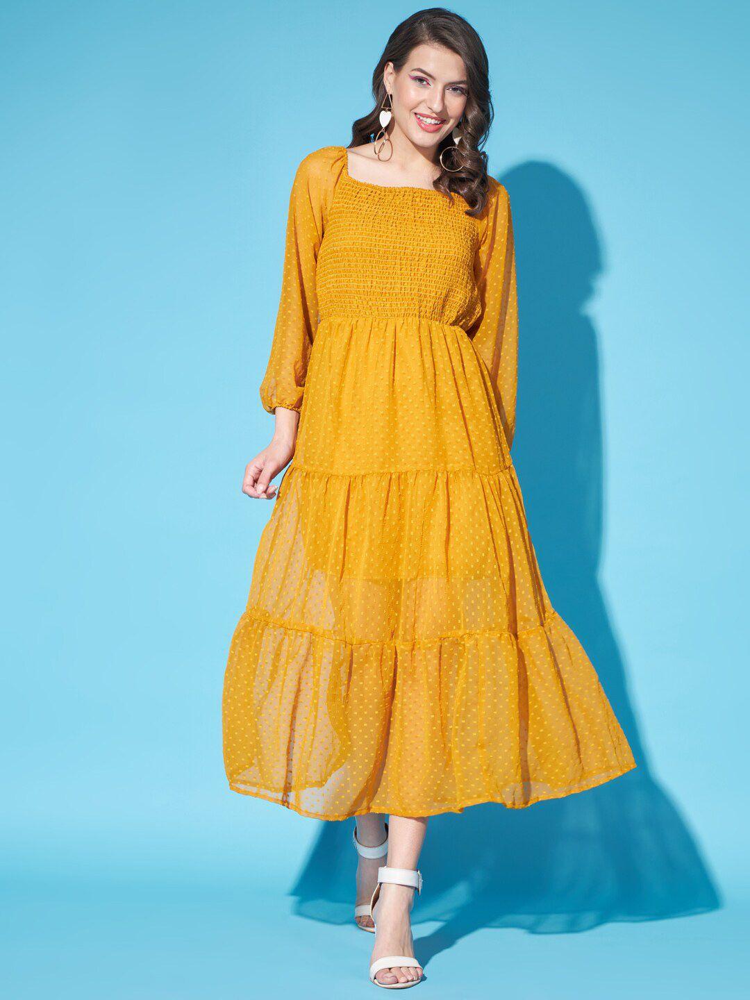 funday fashion mustard yellow print puff sleeve georgette fit & flare midi dress