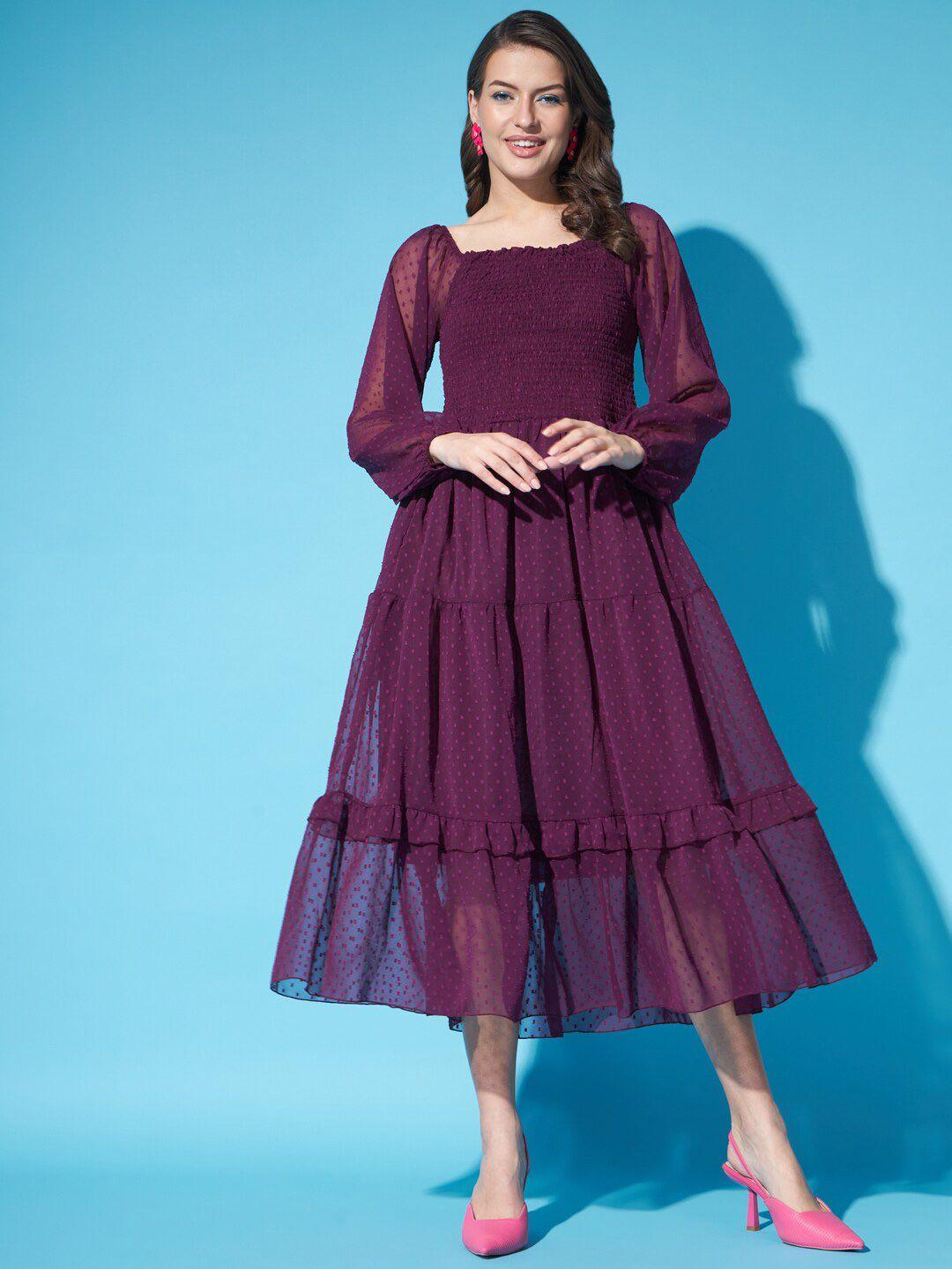 funday fashion purple puff sleeve georgette fit & flare midi dress