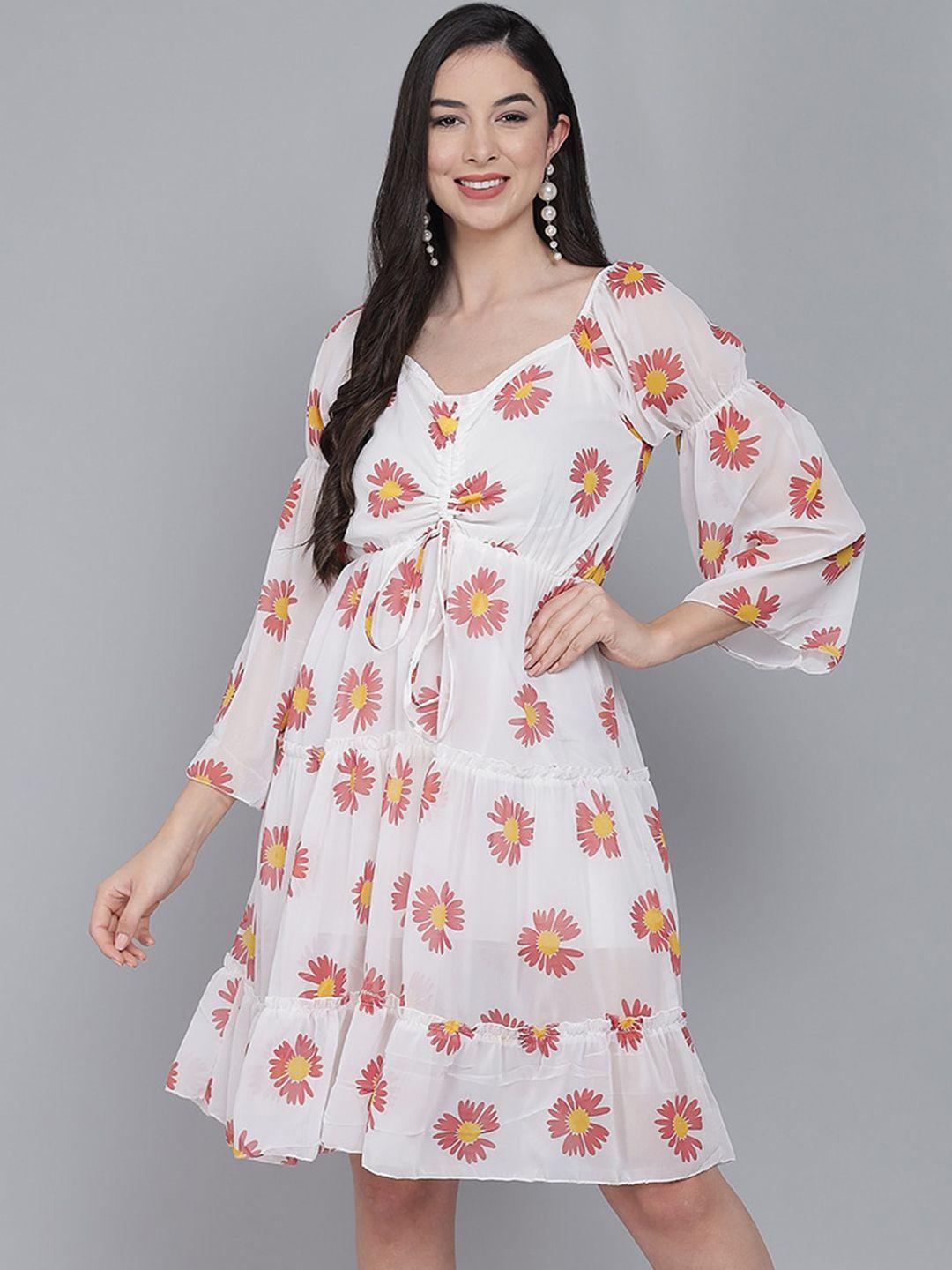 funday fashion red floral print flared sleeve georgette fit & flare dress