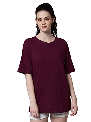 funday fashion women's pure cotton casual oversized round neck drop shoulder tshirt (x-large, wine)