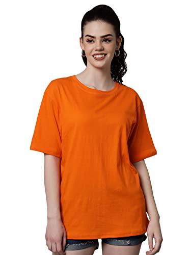 funday fashion women's pure cotton casual oversized round neck drop shoulder tshirt (xx-large, orange)