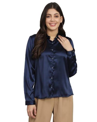 funday fashion women's solid regular fit satin shirt (medium, navy blue)