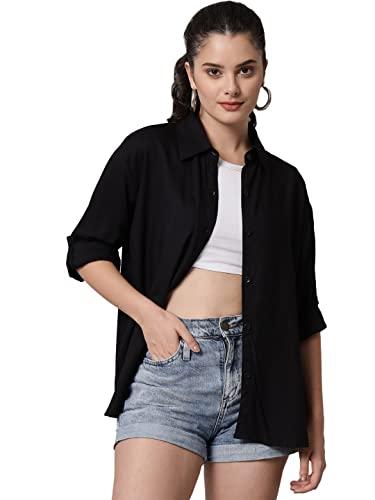 funday fashion women boxy fit solid casual shirt (large, black, oversized fit)