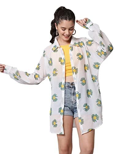 funday fashion women floral print casual regular fit shirt (x-large, white, green)