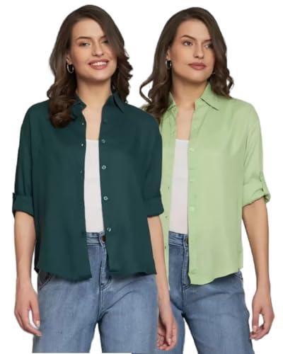 funday fashion women oversized casual rayon shirt (pack of 2) (small, bottle green & pista green)