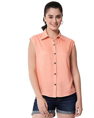 funday fashion women regular fit solid casual sleevesless shirt (medium, peach)