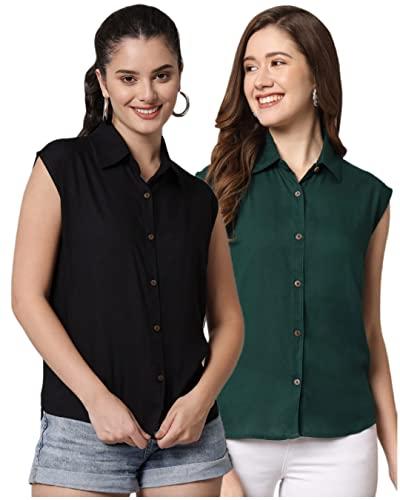 funday fashion women regular fit solid casual sleevesless shirt (pack of 2) (large, black & bottle green)