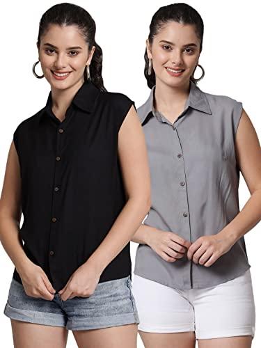 funday fashion women regular fit solid casual sleevesless shirt (pack of 2) (medium, black & grey)