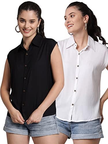 funday fashion women regular fit solid casual sleevesless shirt (pack of 2) (medium, white & black)