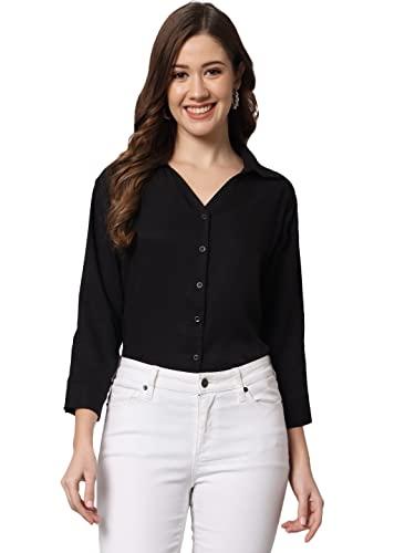 funday fashion women regular fit solid v collered casual shirt (large, black)