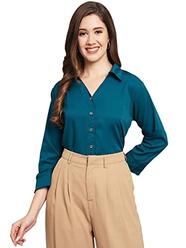 funday fashion women regular fit solid v collered casual shirt (medium, petrol blue)