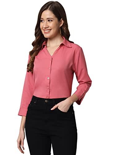 funday fashion women regular fit solid v collered casual shirt (medium, pink)