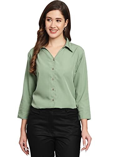 funday fashion women regular fit solid v collered casual shirt (medium, pista green)