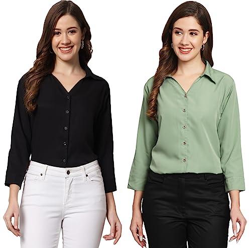 funday fashion women regular fit solid v collered casual shirt (pack of 2) (large, black & pista green)