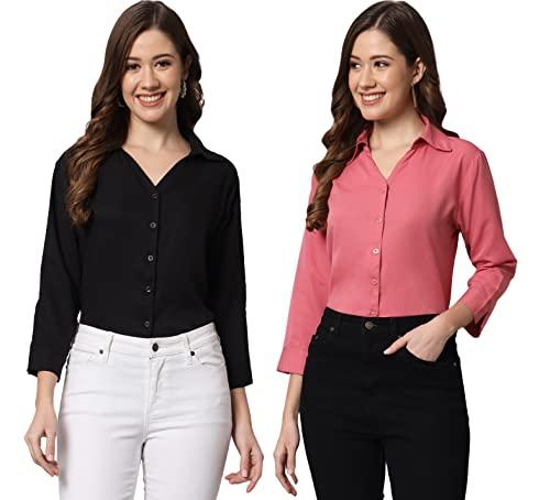 funday fashion women regular fit solid v collered casual shirt (pack of 2) (small, black & pink)