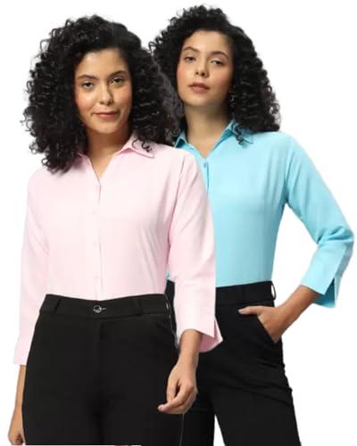 funday fashion women regular fit solid v collered casual shirt (pack of 2) (small, light pink & sky blue)