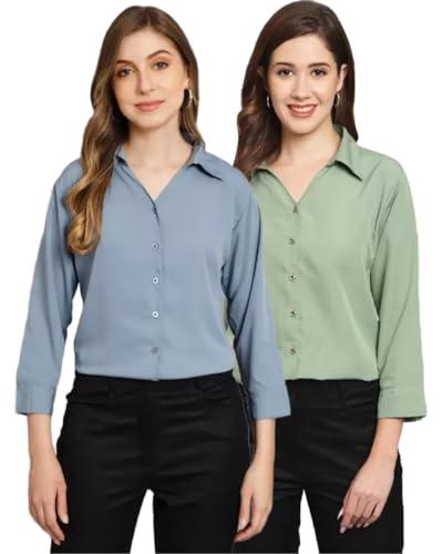 funday fashion women regular fit solid v collered casual shirt (pack of 2) (x-large, grey & pista green)