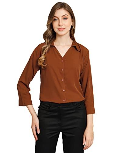 funday fashion women regular fit solid v collered casual shirt (x-large, brown)