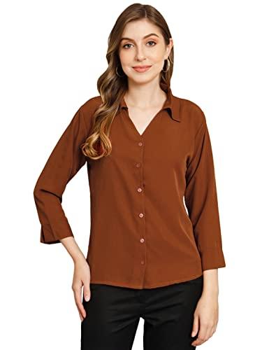 funday fashion women regular fit solid v collered formal/casual shirt (xx-large, brown)