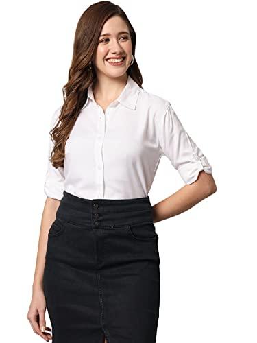 funday fashion women solid casual/formal button regular fit shirt (medium, white)
