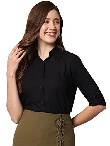 funday fashion women solid casual/formal button regular fit shirt (small, black)