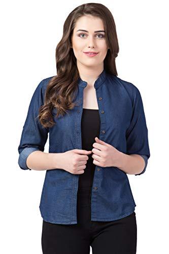 funday fashion women solid casual denim blue regular fit shirt (medium, multicolour)