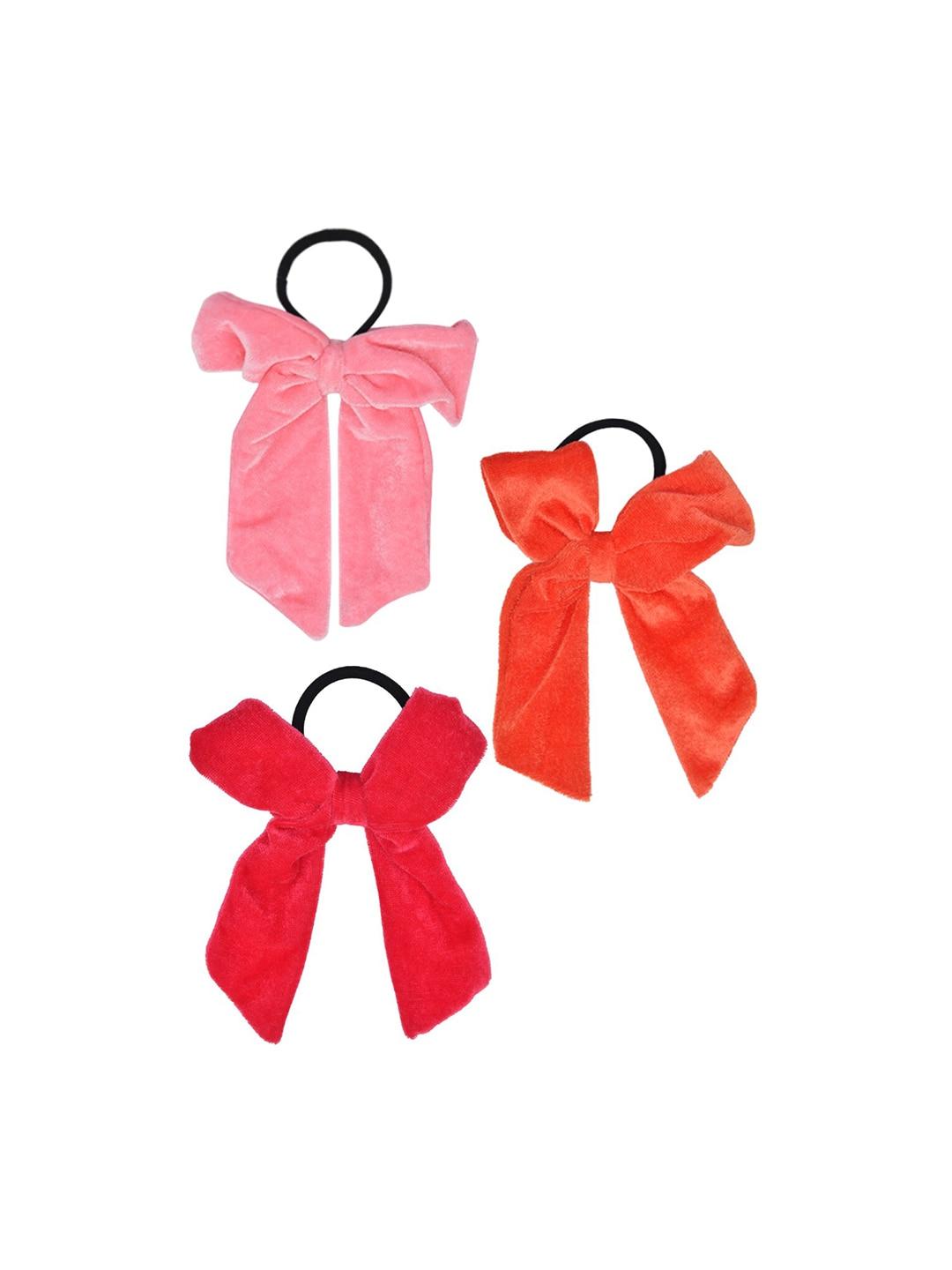 funkrafts girls red & pink set of 3 velvet bow ponytail holders