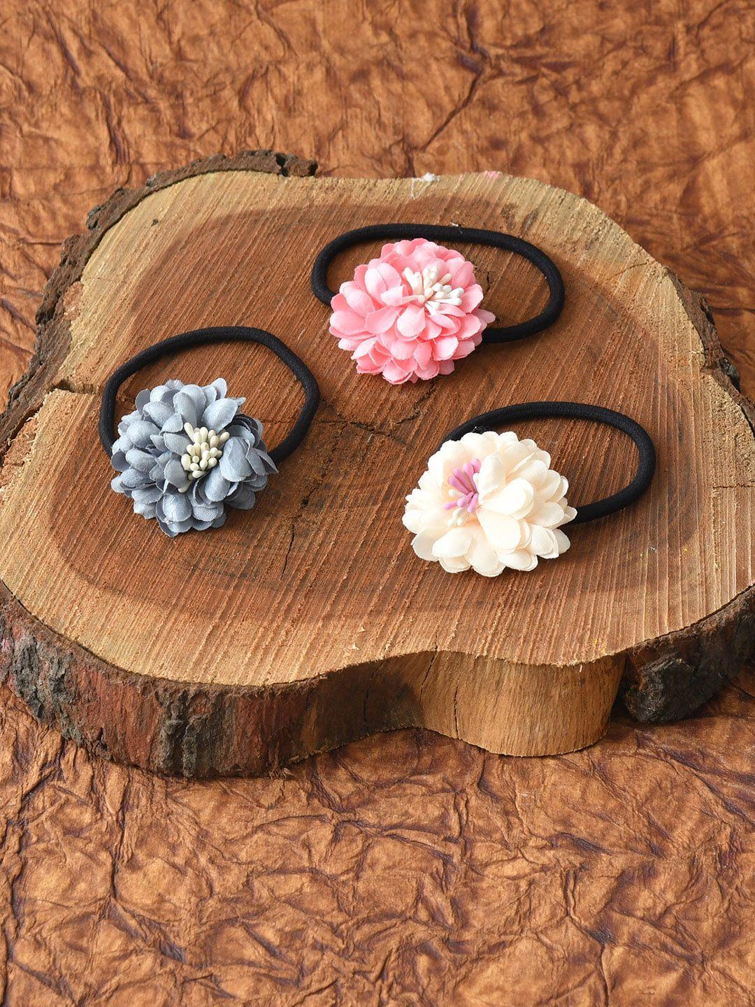 funkrafts girls grey & cream-coloured set of 3 floral ponytail holders