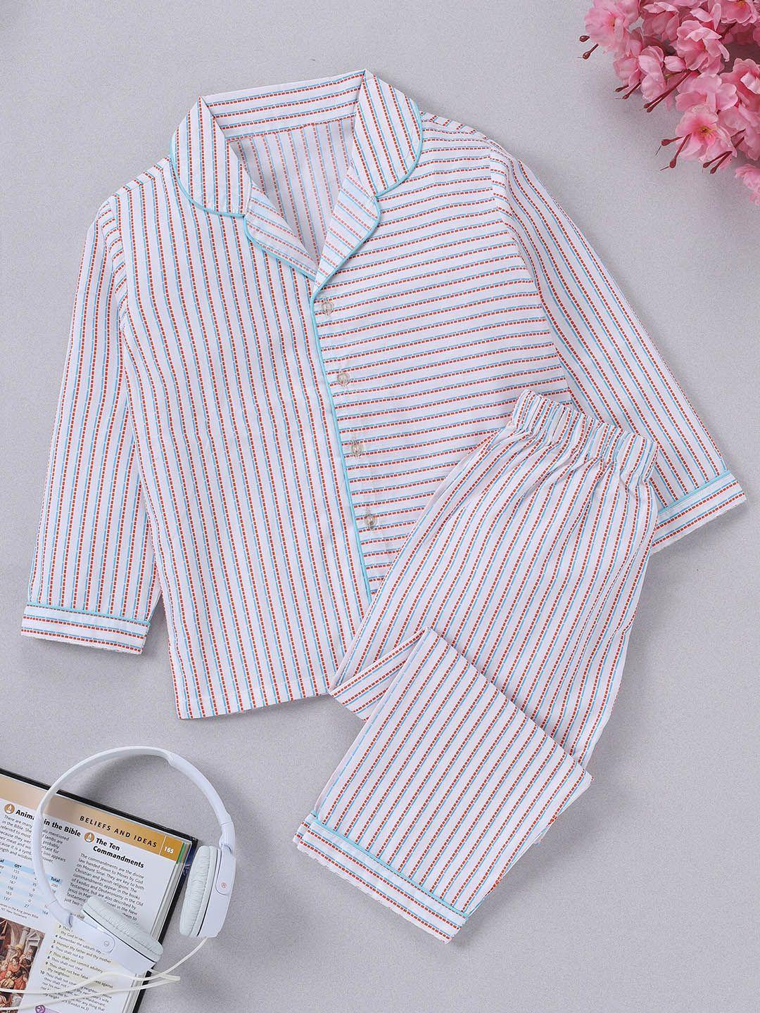 funkrafts unisex kids white & blue striped night suit