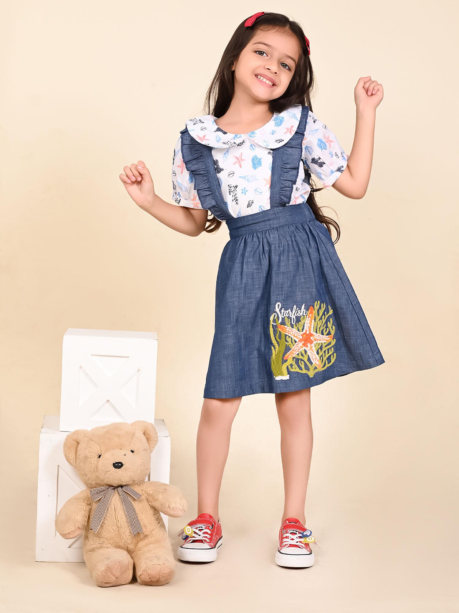 funky printed top with applique denim dungaree skirt white blue (set of 2)