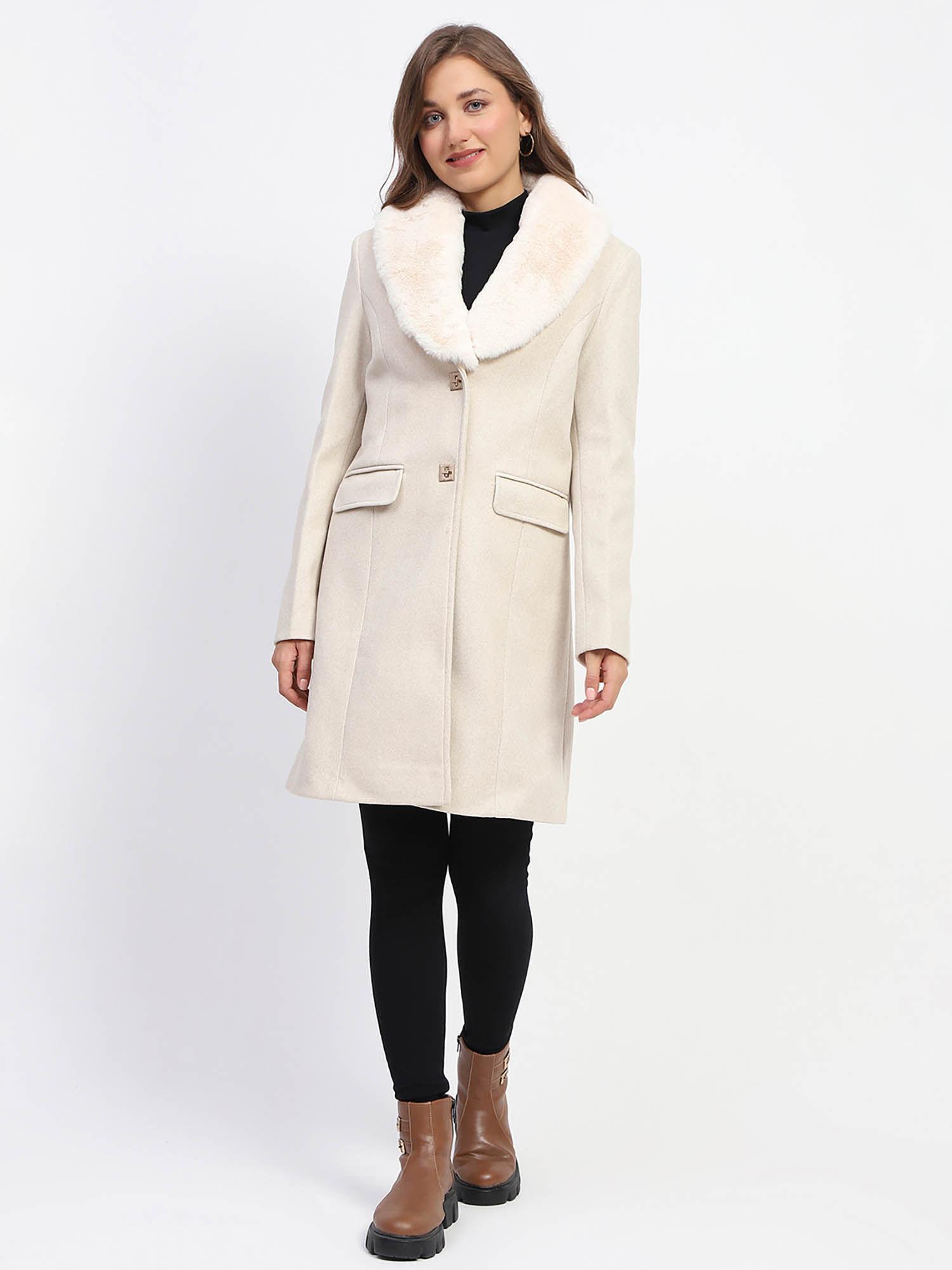 fur collared off white long coat