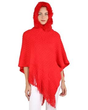 fur-lined hooded poncho top with fringed hem