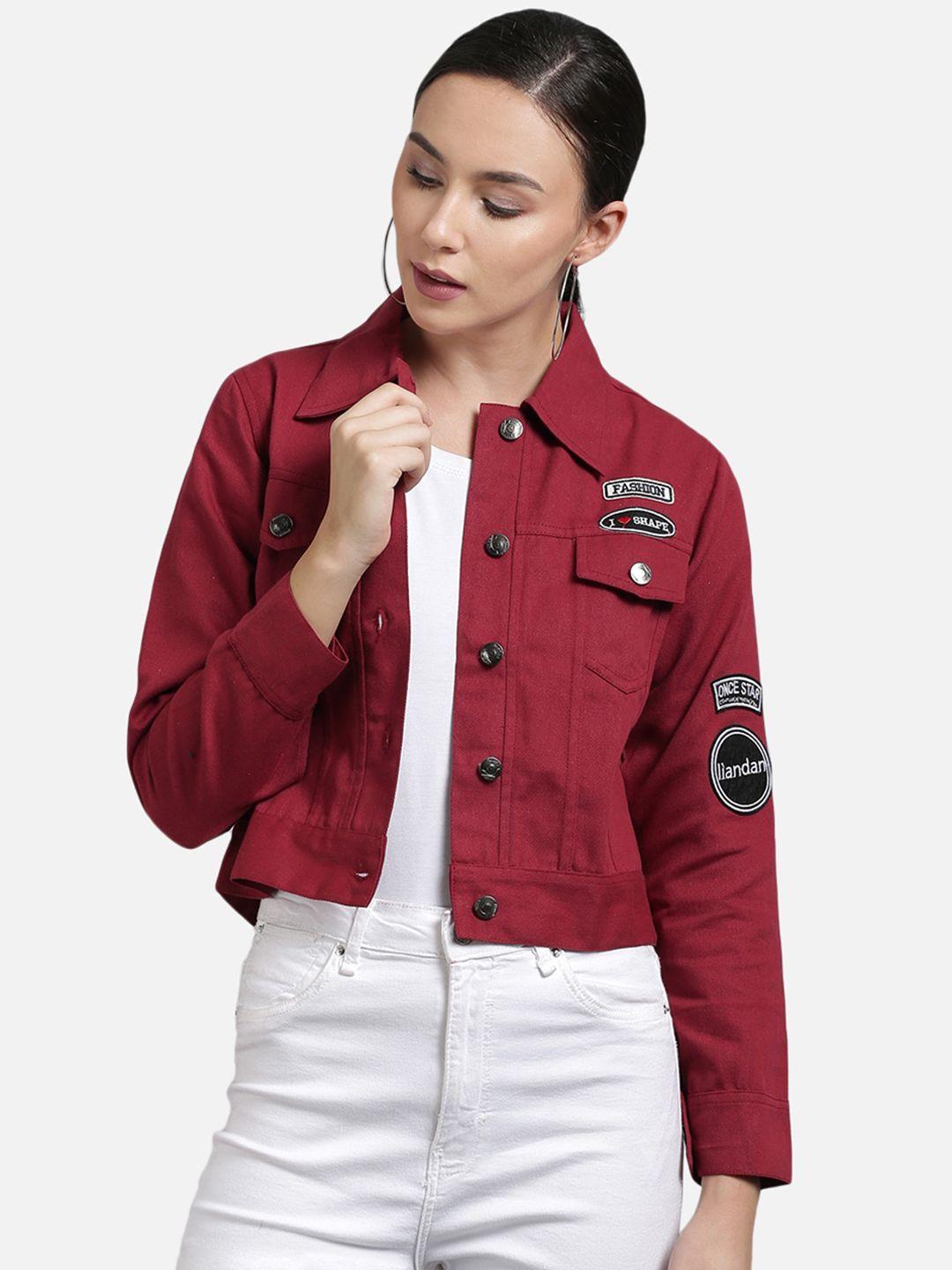 furryflair women maroon crop denim jacket with patchwork