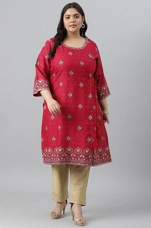 fuschia pink floral printed plus size kurta with sequins