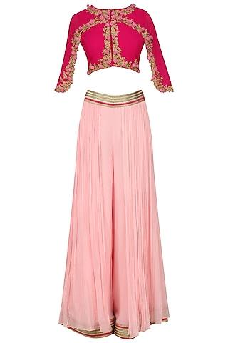 fuschia pink floral work cape top, palazzo and draped skirt set