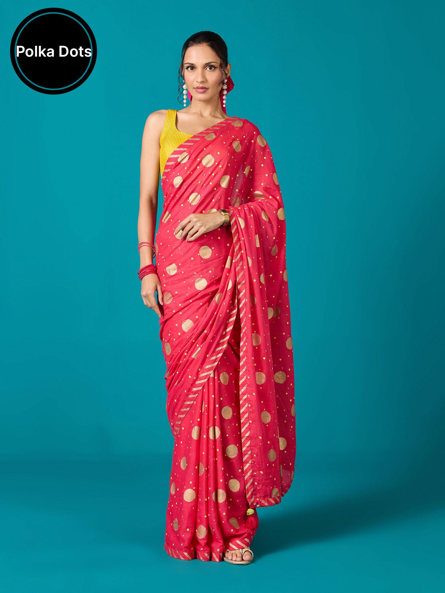 fuschia pink gold polka dot saree with unstitched blouse
