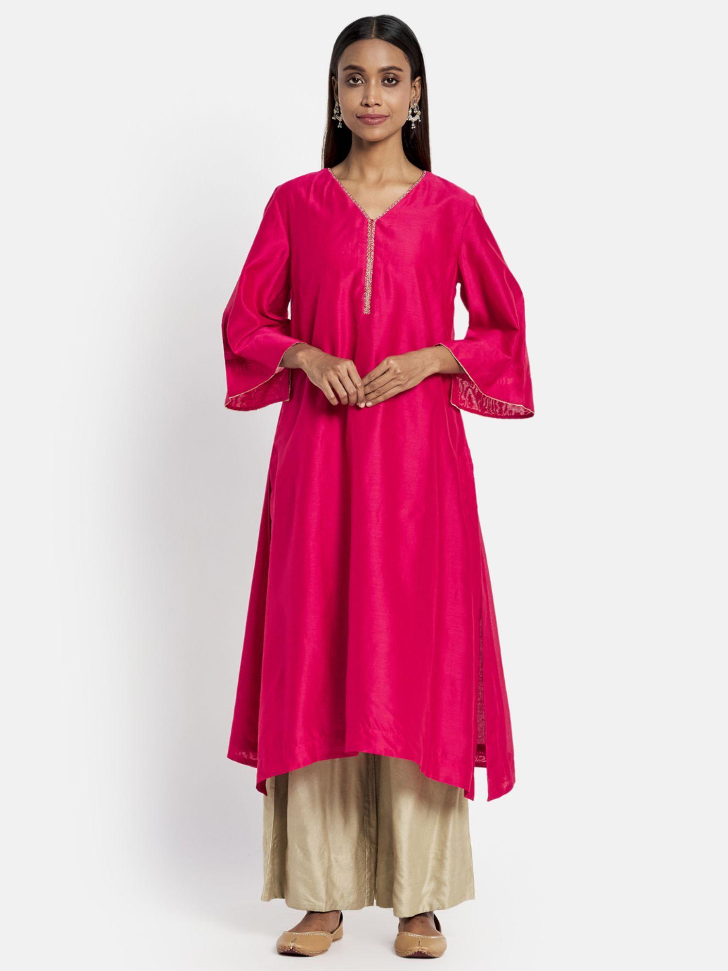 fuschia cotton silk embroidered long kurta