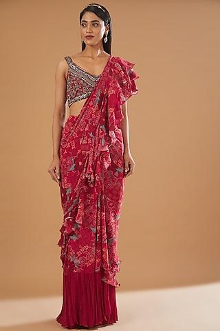 fuschia crepe embroidered & printed ruffled saree set