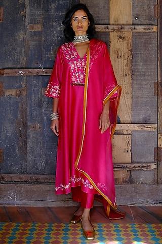 fuschia embroidered a-line kurta set